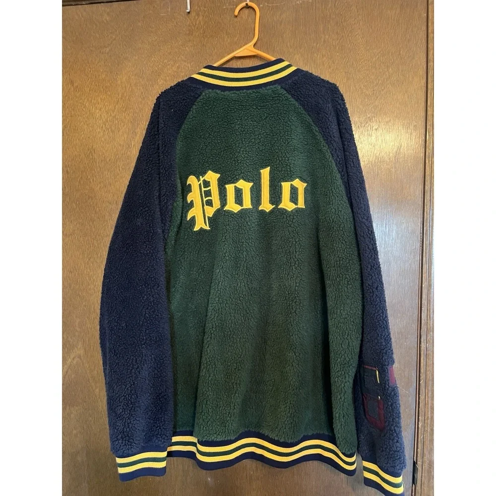 Polo Ralph Lauren Varsity P Pirate Skull Green/Navy Sherpa Bomber‎ Jacket XLT